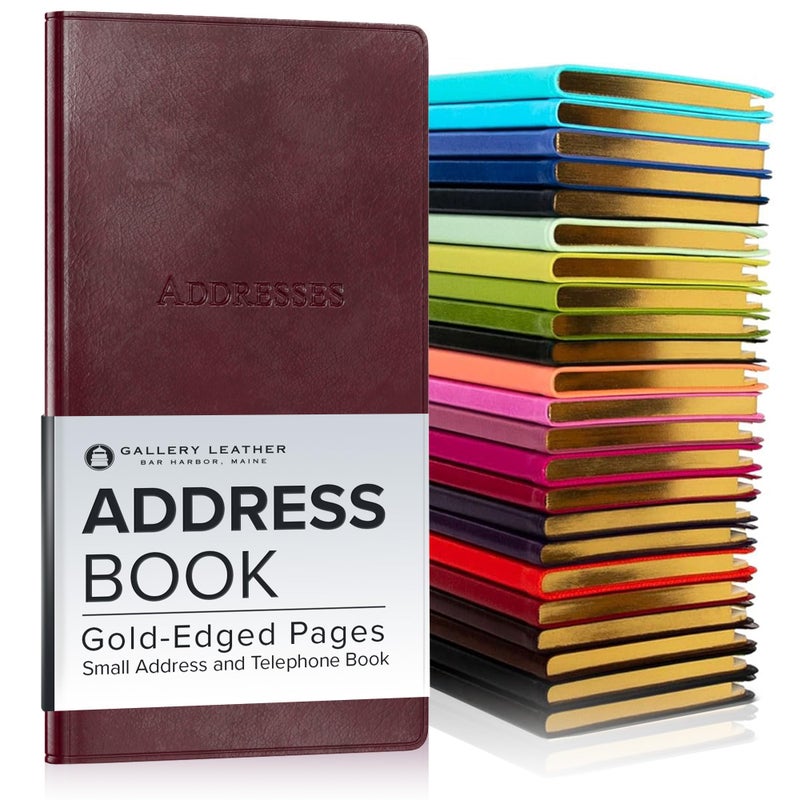 Gallery Leather Small Address Book with Alphabetical Tabs up to 403 Records, Leather Notebook Hardcover, Telephone and Address Books - 6x3.25", Pocket Address, Acadia Burgundy - Image 1